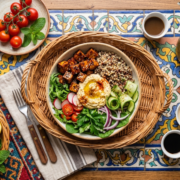 Crispy Balsamic Tofu, Quinoa & Hummus Bowl